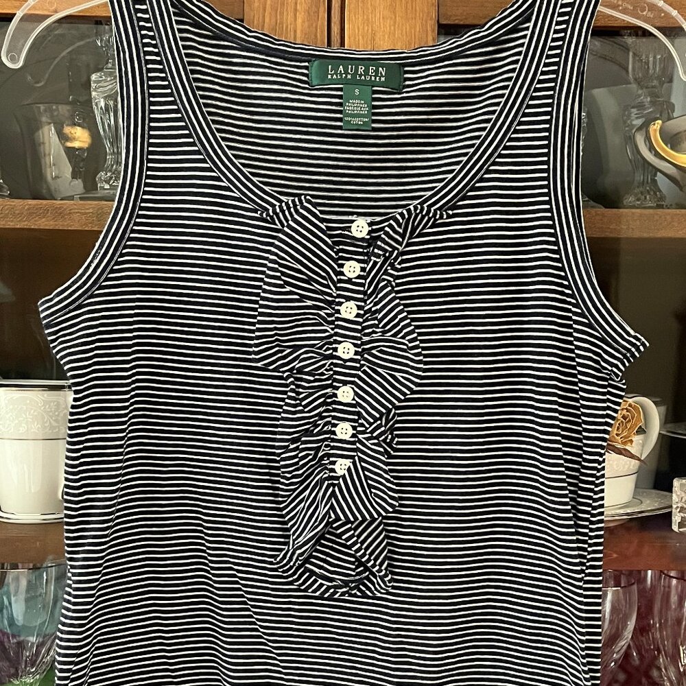 Lauren Ralph Lauren Navy White Stripe with Ruffle Tank Top Size Small